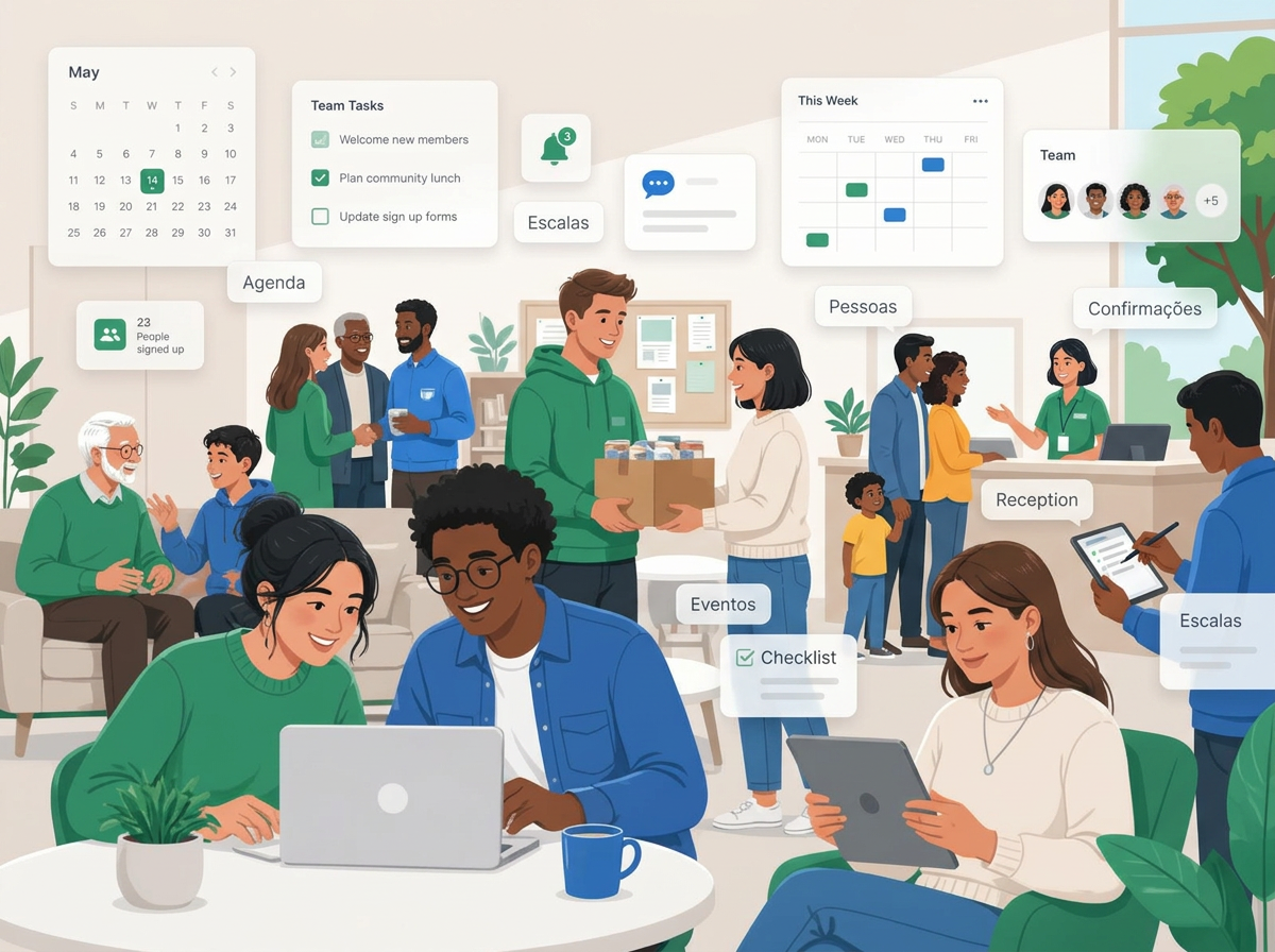 Comunidade cristã diversa e acolhedora — famílias, jovens, adultos e idosos organizando-se com apoio discreto da tecnologia (notebook, tablet, calendário, checklist).