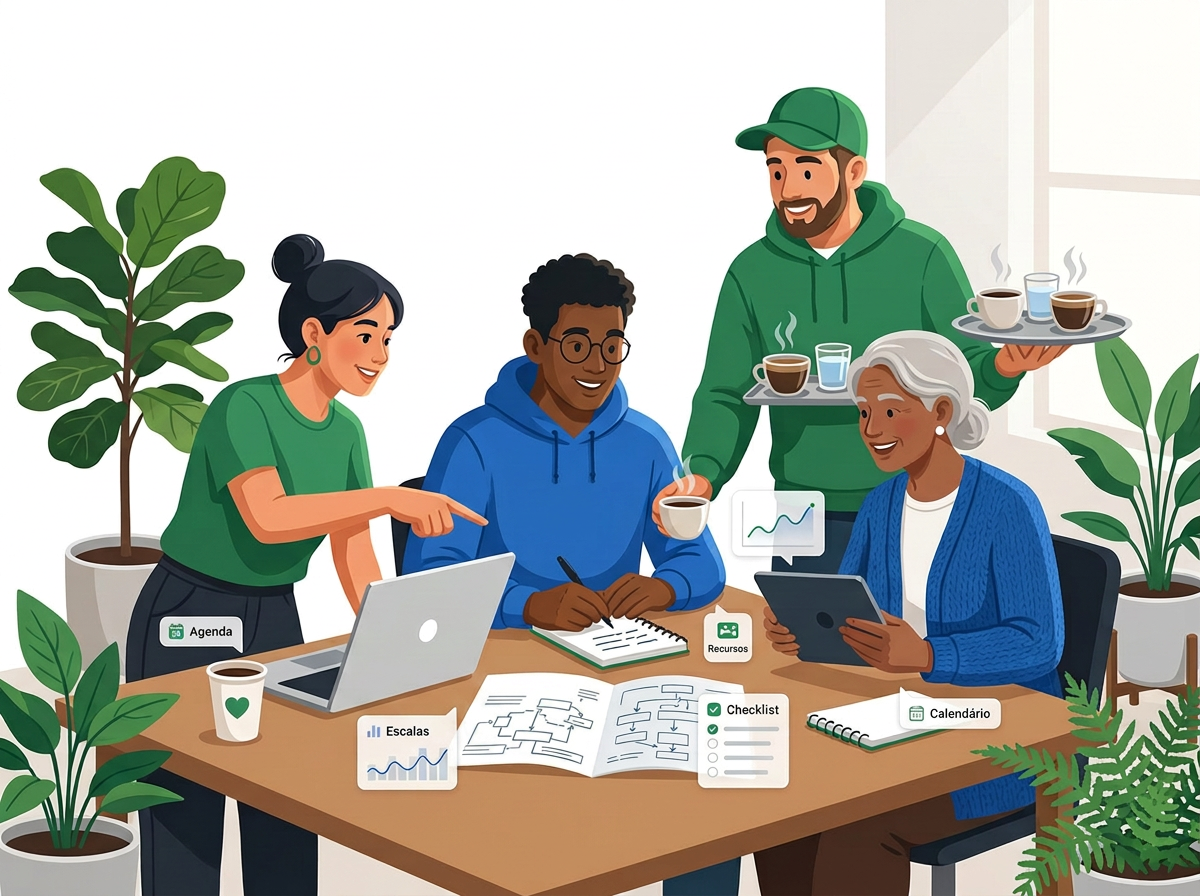 Pequena equipe voluntária colaborando com laptop, tablet e celular, planejando eventos e escalas.