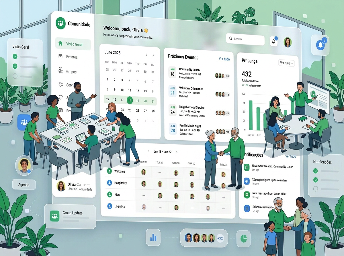Dashboard organizado da Igreja Modelo — calendário, eventos, escalas e notificações em um único painel.
